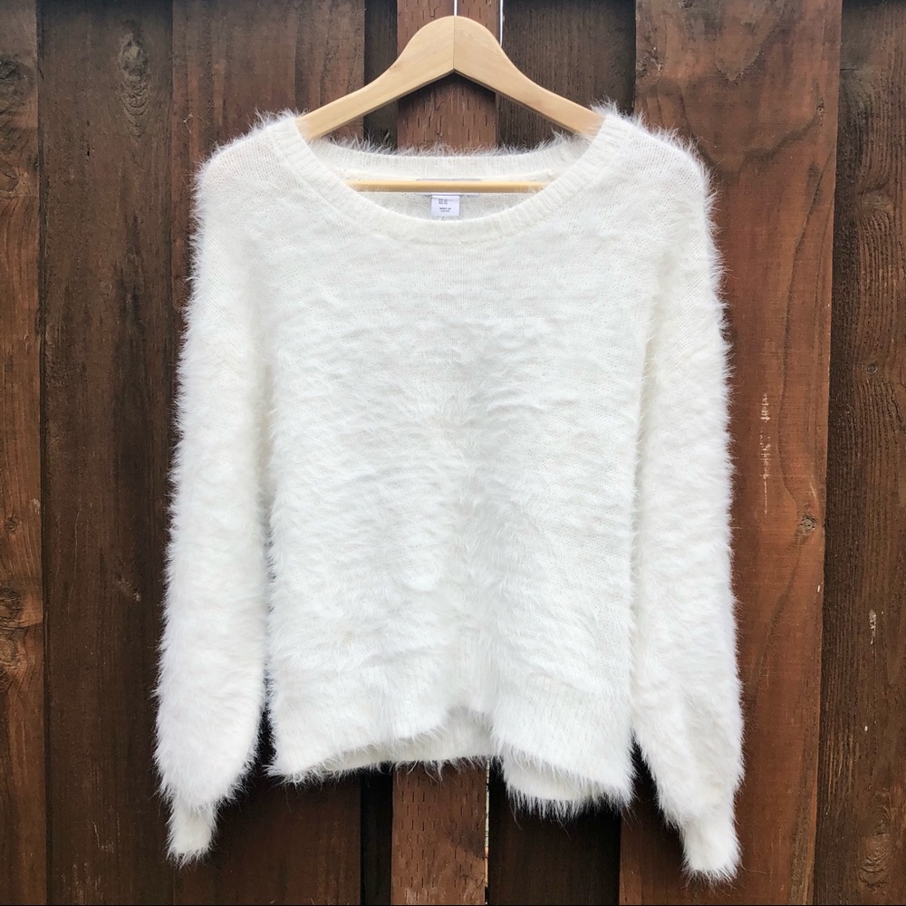 London Kaye White Fluffy Scoop Neck Sweater